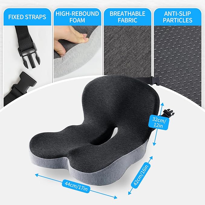 Memory Foam Seat Cushion for Truck Drivers with Adjustable Strap Ergonomic Car Seat Cushions for Driving, Chair Cushion for Back Pain，Lumbar Support & Sciatica Relief for Driving Long