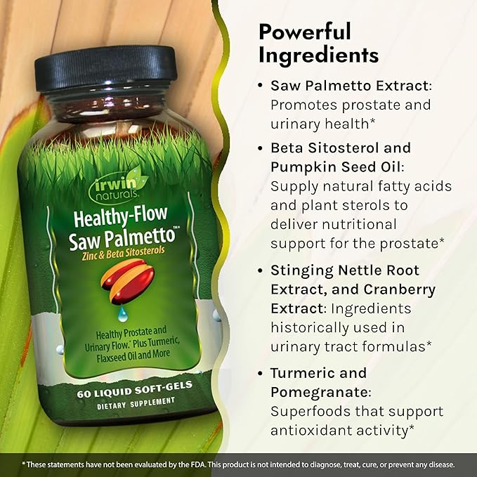 Irwin Naturals Healthy Flow Saw Palmetto with Zinc, Beta Sitosterols, Turmeric, Stinging Nettle & Pumpkin Seed - Promotes Healthy Prostate & Urinary Flow - Antioxidant Support - 60 Liquid Softgels