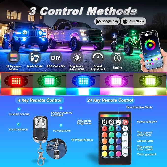 8Pods RGB LED Rock Lights for Jeep Trucks Golf Cart ATV UTV RZR SUV Offroad, Multicolor Underglow Light Kit with APP/RF Remote Dual Zone Neon Vehicle Accent Underbody Light 12V Waterproof