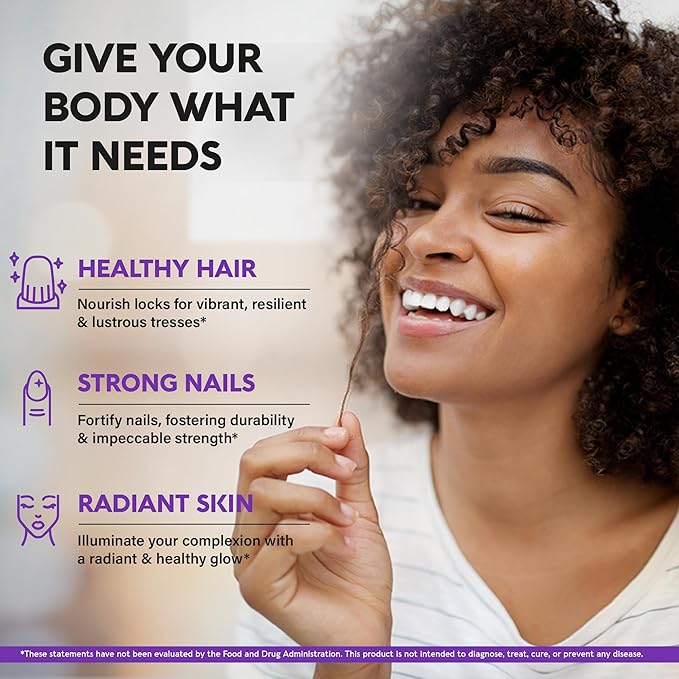 Biotin | Collagen | Keratin - Clinically Tested Supplement - Hair Growth Support, Skin & Nails - 25000 mcg Vitamins B2, B3, B6 & B7 + B1 & Hyaluronic Acid - Made in USA - Women & Men | 60 Capsules