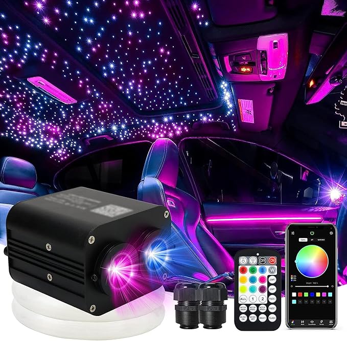 AMKI Dual Color 20W Twinkle Starlight Headliner Kit 1300pcs 0.03in 13.1ft Fiber Optic Star Ceiling Light Sound Activated Music Mode APP/Remote Control Dual Port Light Box for Car Home Roof Decor