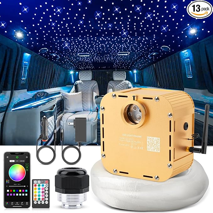 32W Twinkle Starlight Headliner Kit, 1000pcs of (0.03+0.04+0.06in)*13.1ft LED Fiber Optic Lights Kit, Star Ceiling Light+10 Crystals+Adapter+Car Use Plug for Car/Home with Music Mode
