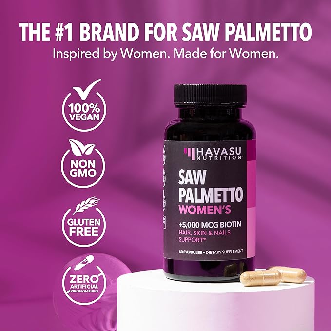 Saw Palmetto for Women with Biotin 5000mcg - Powerful DHT Blocker to Support Hair, Skin, and Nail Health - 60 Count - Vegan, Non-GMO Vitamin for Stronger, Fuller Looking Locks - 1 Month Supply