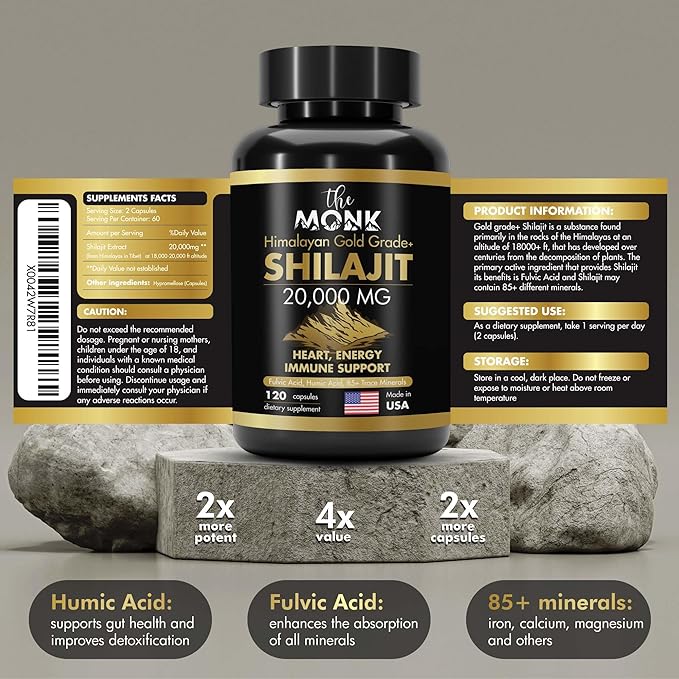 Organic Shilajit with Fulvic Acid, Humic Acid, 85+ Minerals- Gold Grade Plus - Same as Resin - Energy, Stamina, Brain Support - 120 Capsules - Made in The USA