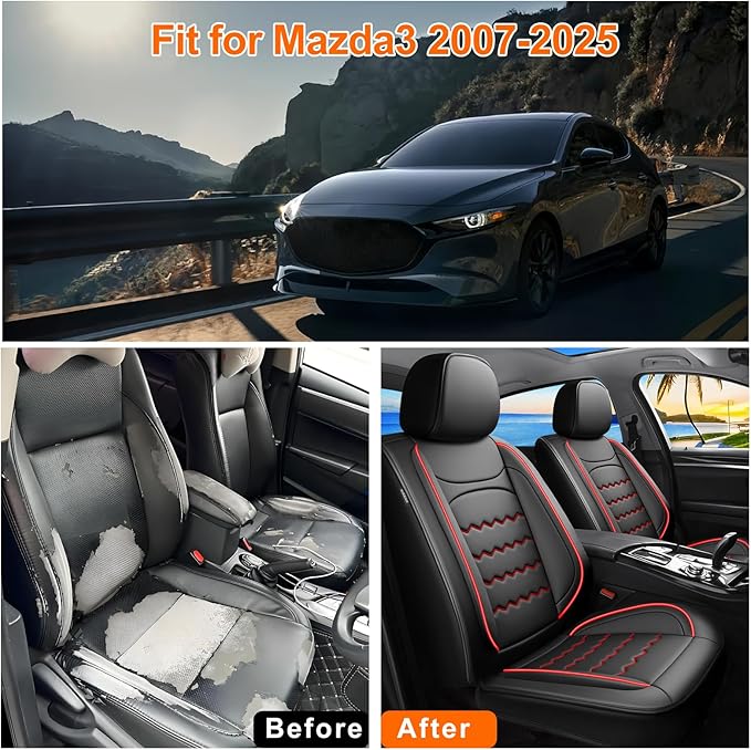 Car Seat Covers Fit for Mazda 3 2007-2025 2026, Premium Leather, Full Coverage Leather Waterproof Breathable Seat Cover, Automotive Seat Protectors, Airbag Compatible(Full Set Seats, Black Red)