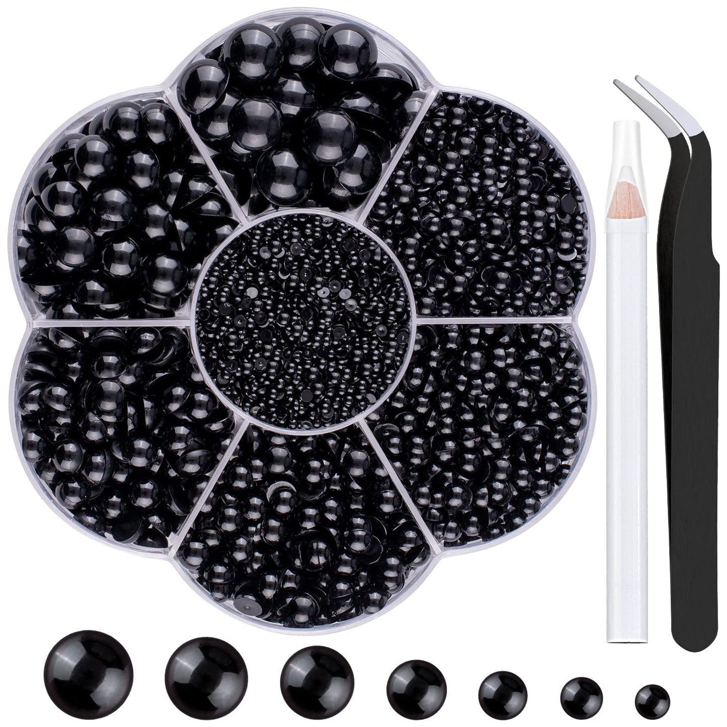 Nail Art Flat Back Half Round Pearl Kits 9, 1 Box Of 6000 Pcs Flat-Back Black Pearl With Tweezer And Picker Pencil For Home Diy