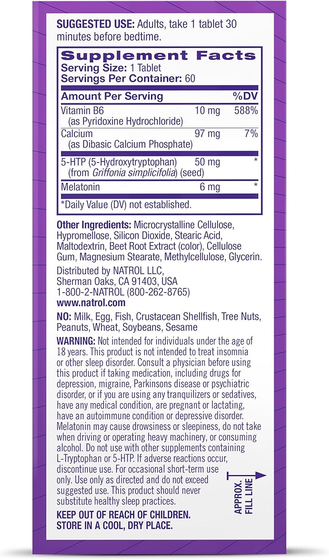 Natrol Advanced Sleep Melatonin + 5HTP, 6mg, Calming Sleep Aid for Restful Sleep, 60 Time-Release Tablets, 60-Day Supply