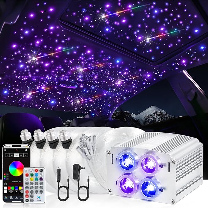 4 Colors 32W Twinkle & Meteor Car Starlight Headliner Kit, 2-in-1 Light Engine 860pcs*0.03in*13.1ft+240 RGBW Fiber Optic Cable Shooting Car Star Roof Lights, Ceiling Star Lights for Car Home Theater