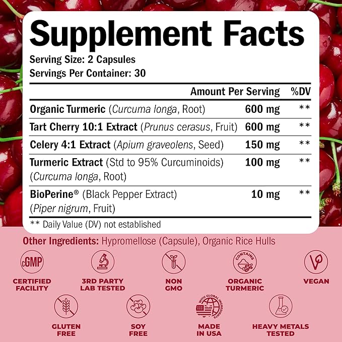 Turmeric Supplement with 10:1 Tart Cherry Extract, Turmeric Curcumin with Black Pepper & Organic Tumeric. 600mg Tart Cherry Capsules. Aids Uric Acid Balance, Joint, Muscle, Sleep Support. 2 Pack