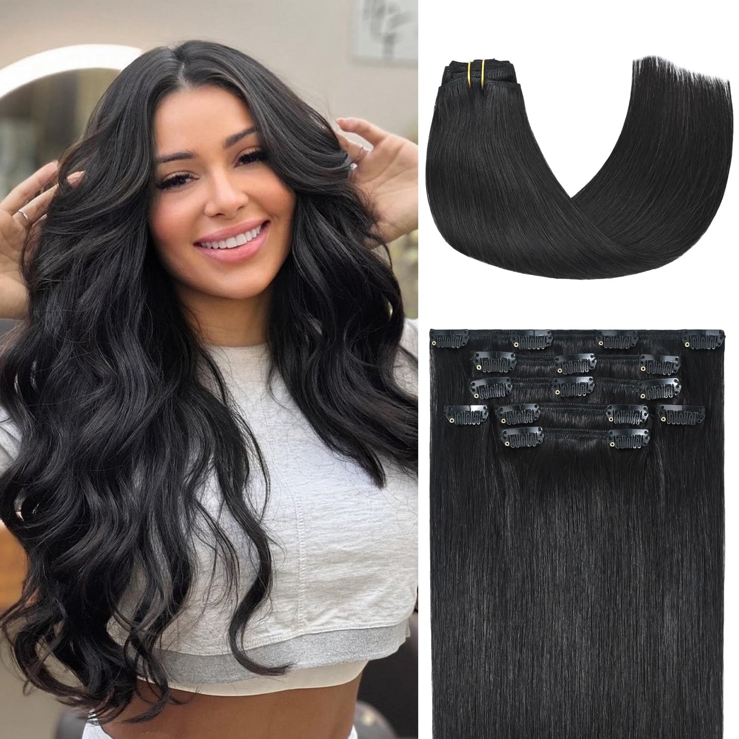 Honsoo Natural Black Clip In Real Human Hair Extensions 70G 7Pcs 12Inch Straight Natural & Solft Clip Ins For Black Women