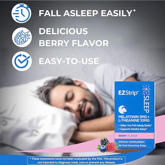 Sleep – Melatonin 5mg with L-Theanine Sleep Strips. Berry Flavor. Sugar Free, Gluten Free, Sleep Aid Supplement for Adults. Made in an FDA-Registered Facility in The USA. 30 pk