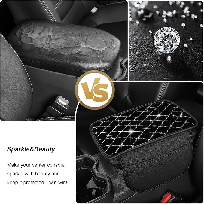 Bling Center Console Cover with 2 Side Pockets Fit for Land Cruiser Multi-Functional Car Armrest Cushion Diamond-Studded Rhombus Pattern Style(Black&Silver Diamond)