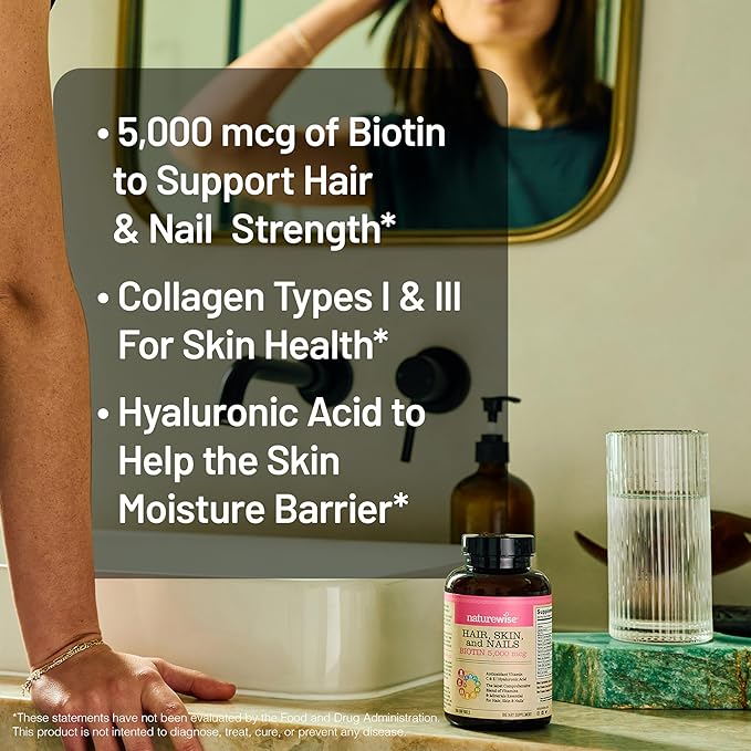 NatureWise Hair Skin and Nails Vitamin, Biotin 5000mcg w/Hyaluronic Acid, Collagen for Women with C, B Complex, D3, A, E, Iron - Non-GMO, Gluten Free - 270 Softgels[3-Month Supply]