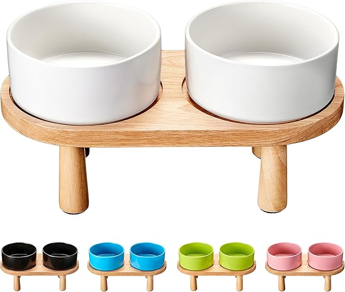 Ceramic Elevated Dog Bowls, Pet Food and Water Bowl Set for Small Dogs and Cats, 1.7 Cups Elevated Cat Bowls with Wood Stand, 14OZ, White