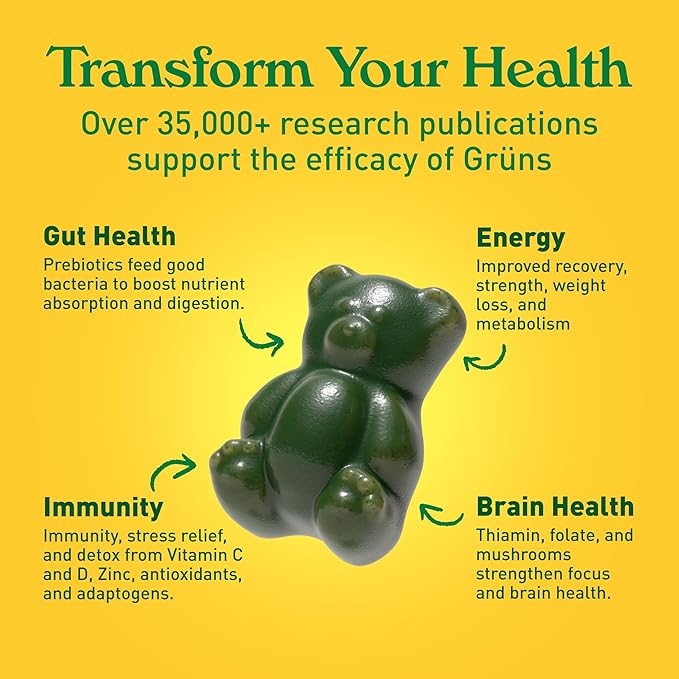 Gruns Adult Sugar-Free Super Greens Gummies, Superfood Gummy Bears with Spirulina, Chlorella, Fiber & Prebiotics for Digestive Health, Adaptogens Supplement with 20 Vitamins & Minerals, 28 Packets
