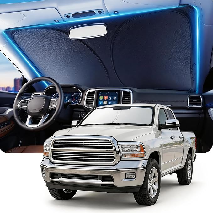 DMJN Windshield Sun Shade for Dodge RAM (2019-2026), Car Sunshade for Front Windshield [100% Efficient Block UV & Scorching Sun] UPF50+ Heat Block - Protect Interior & Keep Cooler