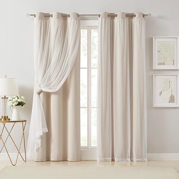 Bujasso Beige 80% Blackout Curtains with Sheer Overlay Mix and Match Double Layer Thermal Insulated Window Panels 108 inch for Living Room Bedroom Beige Drapes with Tiebacks Grommet Top 37" Wx108 Lx2