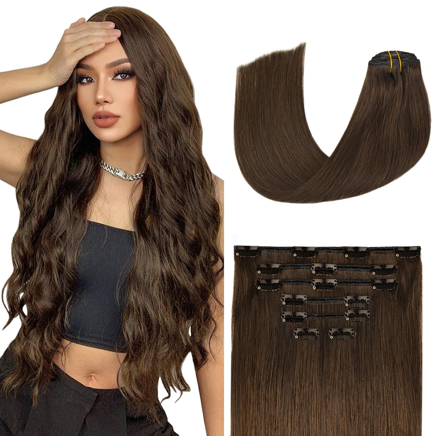 Clip In Human Hair Extensions 115G Medium Brown 100% Real Human Hair Clip In Extensions Soft Silky Straight 7Pcs 16Clips One Pac