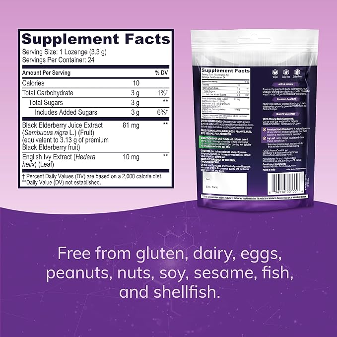Sambucol Black Elderberry Cough Relief Lozenges - Cough Drops for Adults, Sambucus Elderberry Lozenges, with Ivy Leaf, Cough & Mucus Relief, Immune Support, Berry Eucalyptus - 24 Count, 1 Pack