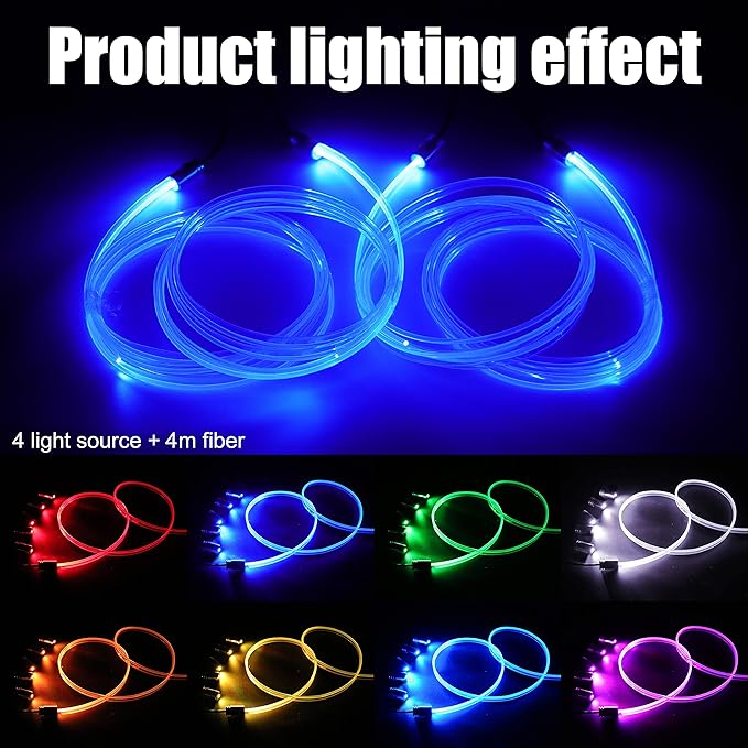 Car Atmosphere Light Kit 4m Fiber Optic RGB Multicolor Sound Active Music Sync Memory Function Bluetooth APP Control 64 Colors USB Car Interior Ambient Lighting Kit DC 12V
