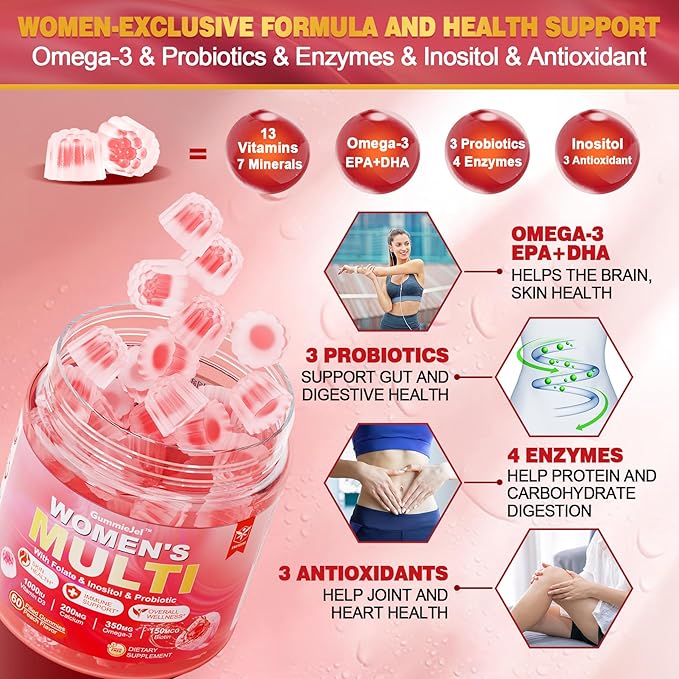 Sugar-Free Women's Multivitamin Gummies - Women Methylated Multivitamin Filled Gummies with Omega-3, Enzymes & Antioxidant Blend to Support Overall Health, Immunity, Hair, Nails & Skin Health - 60 ct