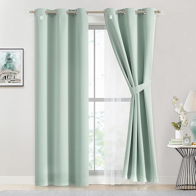 Bujasso Aqua 80% Blackout Curtains with Sheer Overlay Mix and Match Double Layer Thermal Insulated Window Panels 84 inch for Living Room Bedroom Mint Green Drapes with Tiebacks Grommet Top 37"Wx84"Lx2