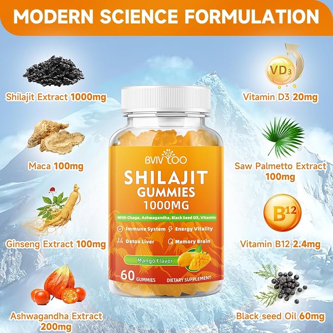 Shilajit Gummies 1000mg Sugar Free - Pure Himalayan Shilajit Supplement for Men & Women - High in 85+ Trace Minerals & Fulvic Acid - Energy, Brain, Immunity - 60 Gummies