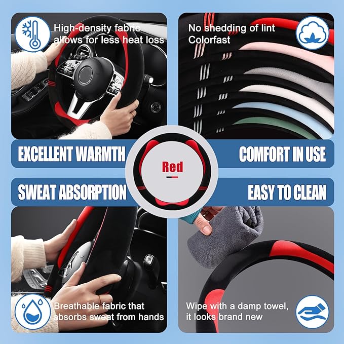 Furry Cute Steering Wheel Cover, Soft Fluffy Short Plush Auto Accessories, Non-Slip Cold-Proof Sweat-Proof Colorfast, Universal 15 inch(Black with Red)