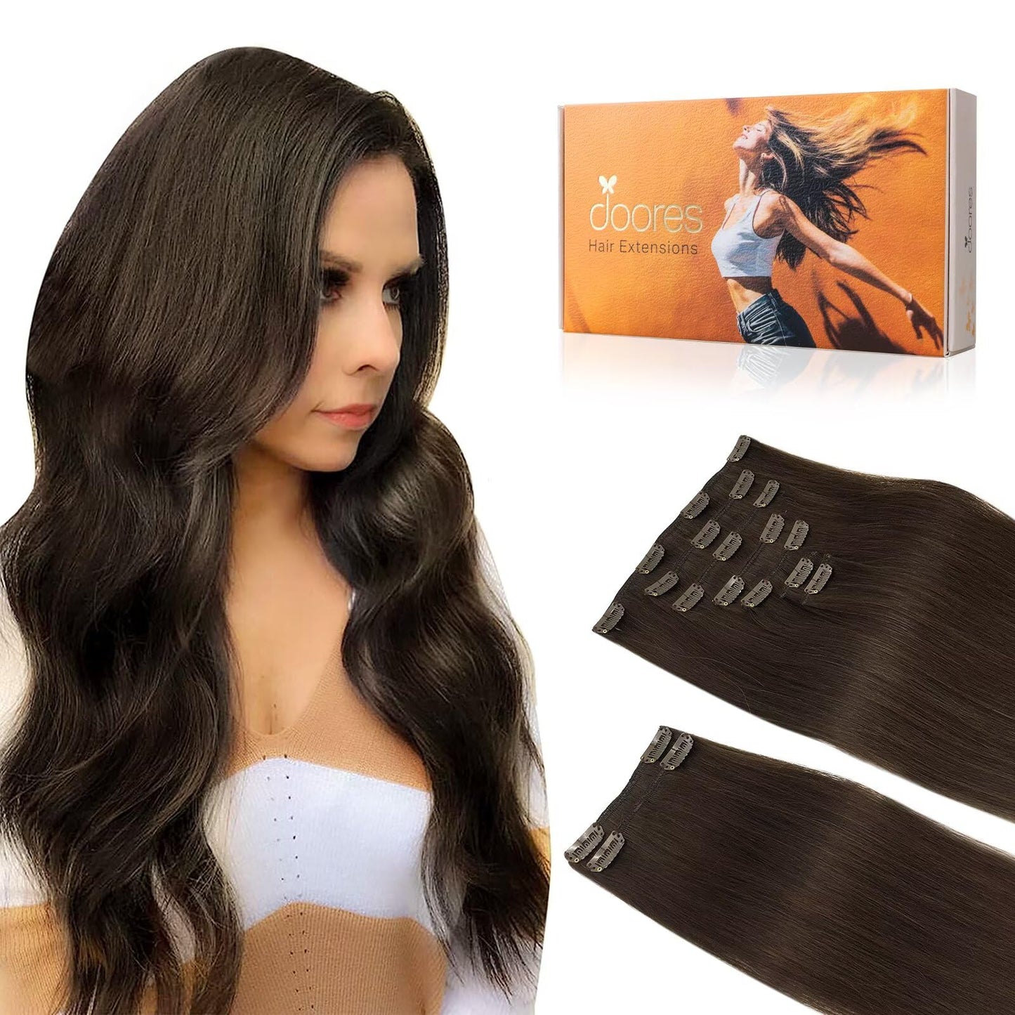 Doores Human Hair Extensions Clip In, Light Dark Brown 14 Inch 150G 9Pcs, Hair Extensions Real Human Hair Remy Hair Extensions C