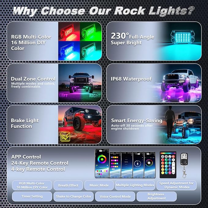 6Pods Full Angle RGB LED Rock Lights Full Kit for UTV ATV RZR SXS Can-Am Four Wheeler Quad Side by Side Offroad Golf Cart with APP/RF Remote,Waterproof Multicolor Underglow Light 180Chip Dual Zone 12V