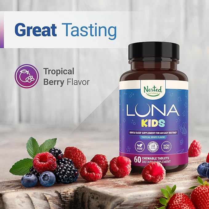Luna Kids Sleep Aid Tablets for Children 4+ - Naturally Sourced Ingredients - 120 Chewable Tablets - Gentle, Herbal Supplement with Chamomile, Melatonin, Valerian & Lemon Balm