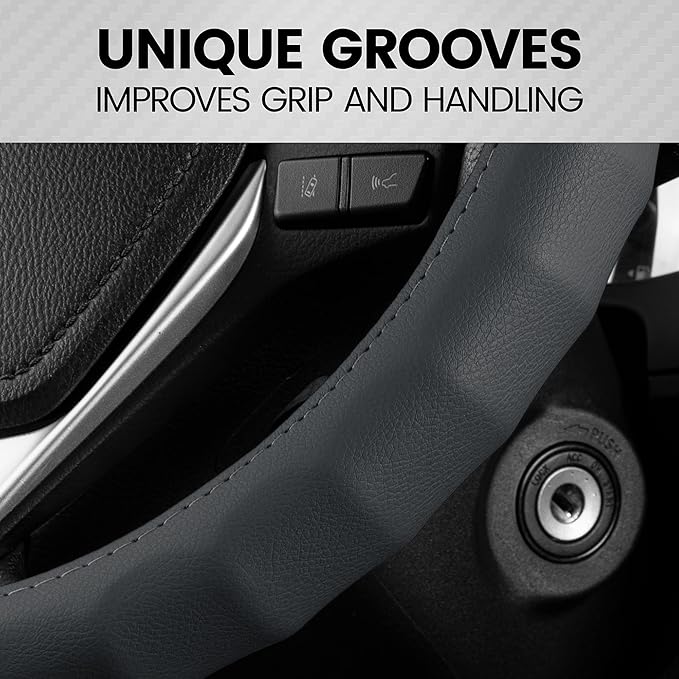 BDK Genuine Gray Leather Steering Wheel Cover for Car, Medium (14.5" - 15.5") – Ergonomic Comfort Grip for Men & Women, Universal Fit Car Steering Wheel Cover for Most Vehicles