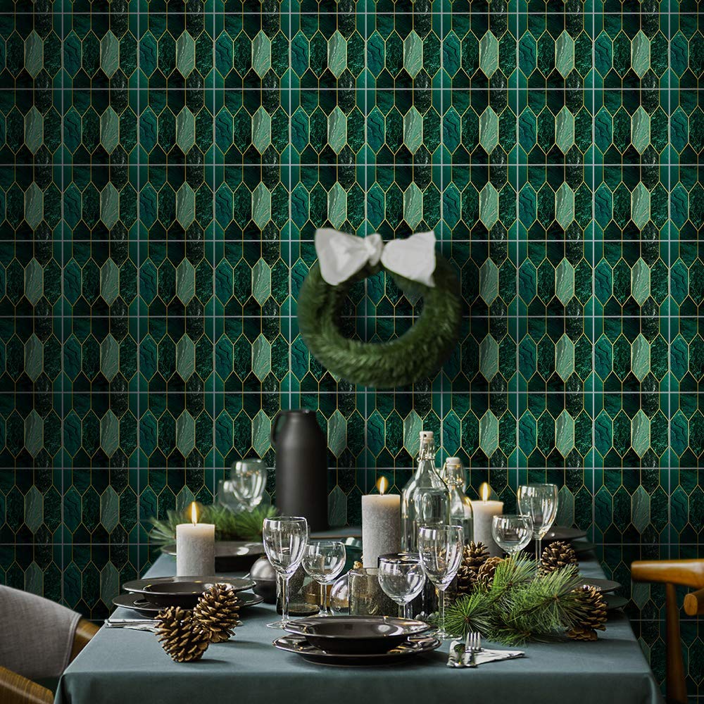 funlife 10Pcs Art Deco Peel and Stick Thick Kitchen Backsplash, Self Adhesive Wall Tile, Flat Glossy Stickers for Home Decor, Holographic Emerald 7.87"x7.87"