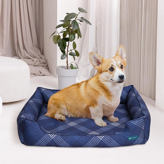 Orthopedic Bolster Dog Bed – CertiPUR-US Foam, Recycled Polyester Canvas, Washable Cover, Anti-Slip Bottom, Medium, Navy Plaid – Stylish Designer Dog Sofa