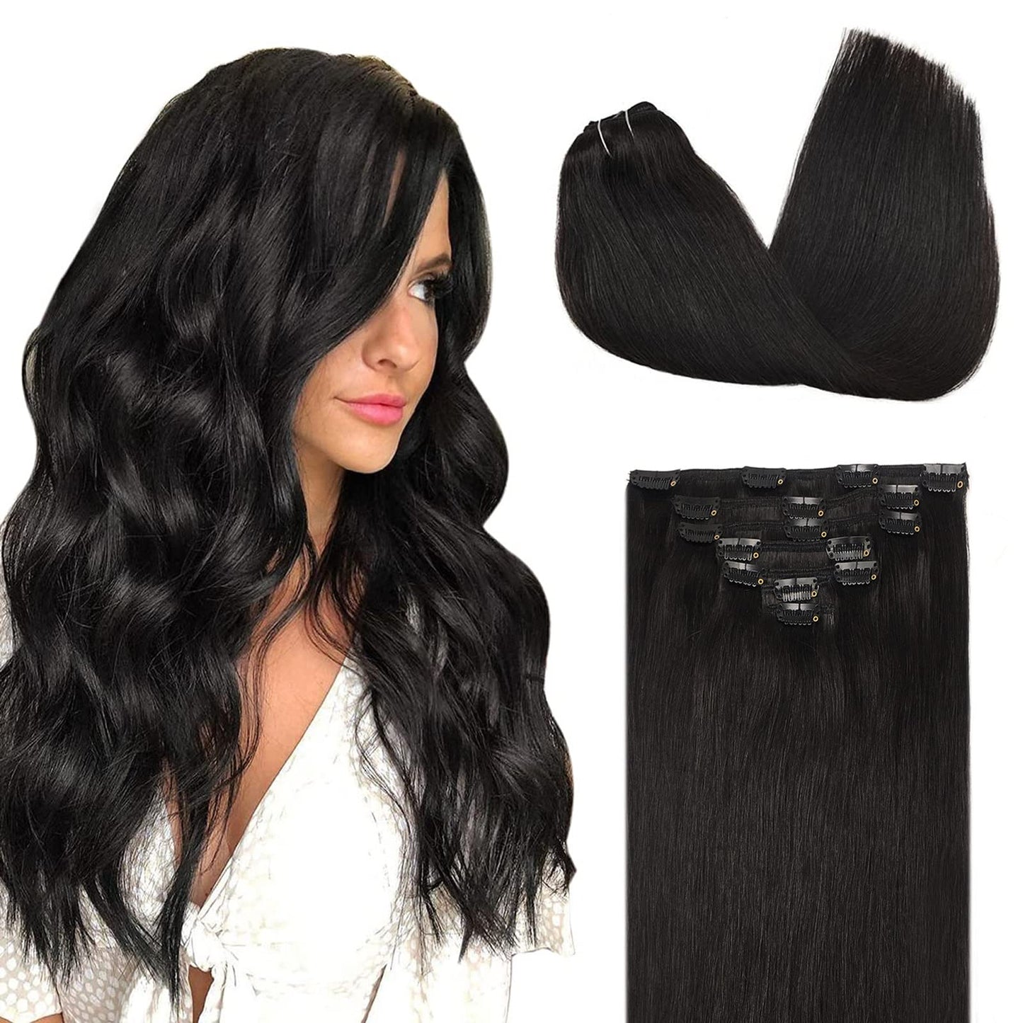 Doores Clip In Hair Extensions Natural Black 120G 7Pcs 16 Inch Real Human Hair Extensions Clip In Straight Natural Hair Extensio