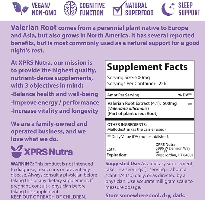 XPRS Nutra Valerian Root Extract Powder 4:1 - Premium Valerian Root Powder for Cognition - Vegan Friendly Herbal Sleep Assist (4 Ounce)
