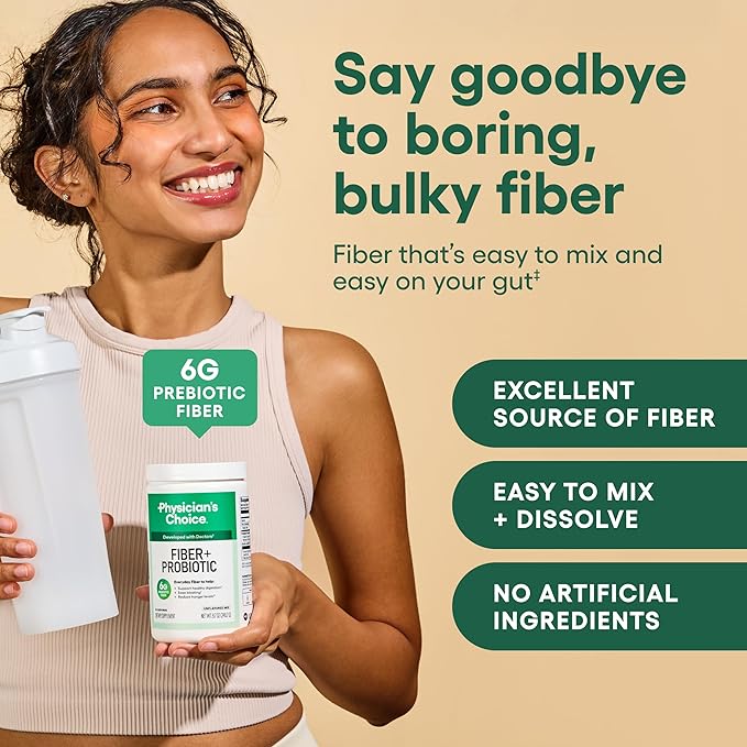 Physician's CHOICE Fiber & Probiotic Powder - Supports Regularity, Bloating, Gas, & Digestive Health - Organic Prebiotic - Sugar Free Fiber Supplement for Women & Men - Unflavored - 8.7oz