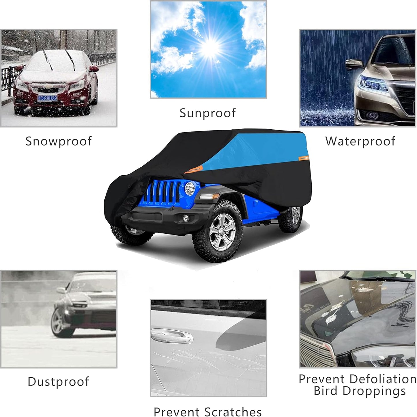 MORNYRAY Compatible with Jeep Wrangler 4 Door, Waterproof Car Cover All Weather Snowproof UV Protection Windproof Outdoor Full car Cover, Universal Fit for (Wrangler 4Door, Blue)