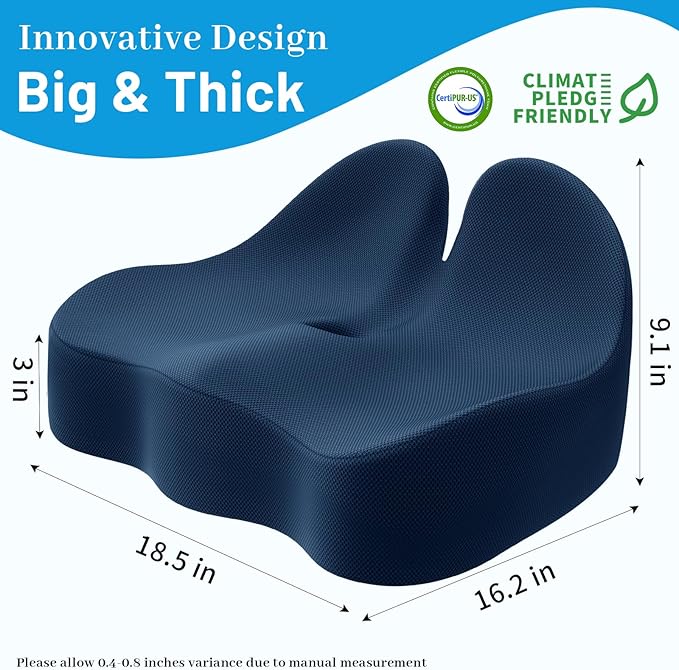 Memory Foam Seat Cushion for Office Chair, Ergonomic Coccyx Cushion for Desk Chair, Tailbone Support Pillow for Long Sitting, Non-Slip Seat Pad for Home, Gaming Chair -Navy Blue, X-Large