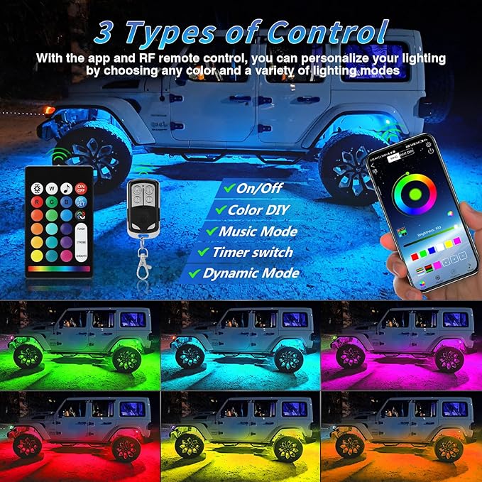 12Pods Segmented RGB LED Rock Lights Kit with APP/RF Remote Control, Upgraded Multicolor Underglow Lights Neon Music Mode 12V Underbody Light for Trucks Pickup Jeep Golf Cart ATV UTV RZR SXS