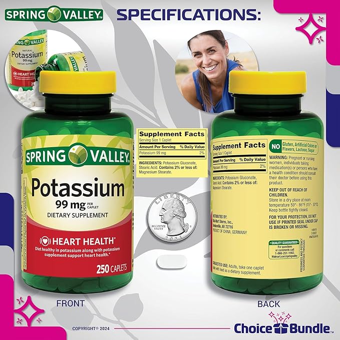 Spring Valley Potassium Heart Health Dietary Supplement Caplets 99 mg 250 CT 3 pk (750 Total) + “Vitamin Vitality” Guide & Keychain Pill Container (5 Items)!