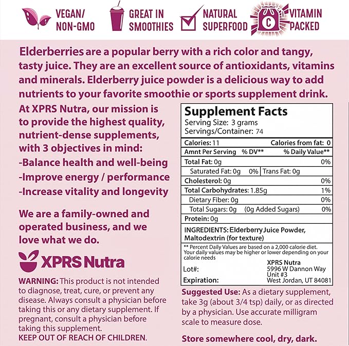 XPRS Nutra Elderberry Juice Powder - Elderberry Powder Organic Fruit Juice Mix - Powdered Elderberries Supplement Rich in Vitamins A and C (8 oz)