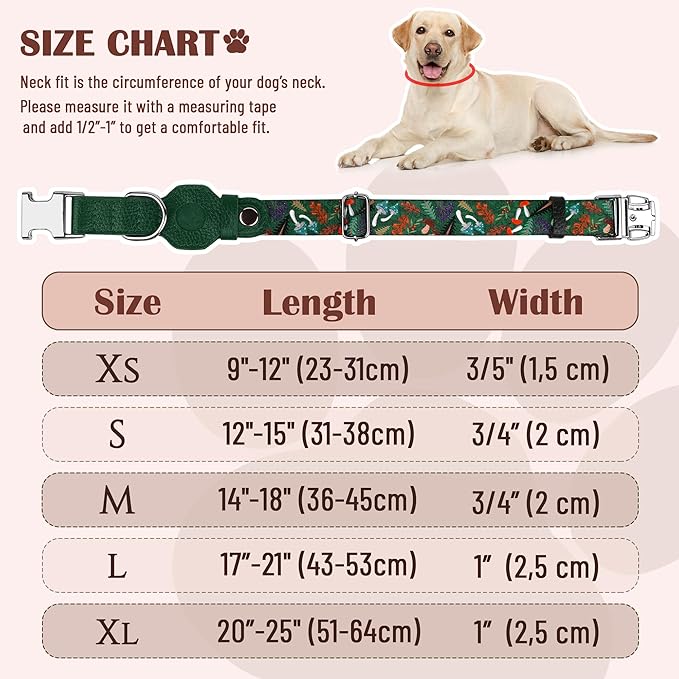 AirTag Dog Collar for Small Medium Large Breed - Adjustable Cute Pattern Dog Collar with Airtag Holder - Soft Leather Tracker GPS Apple Air Tag Pet Collars (Medium, 14"-18" Neck Fit, Mushroom)
