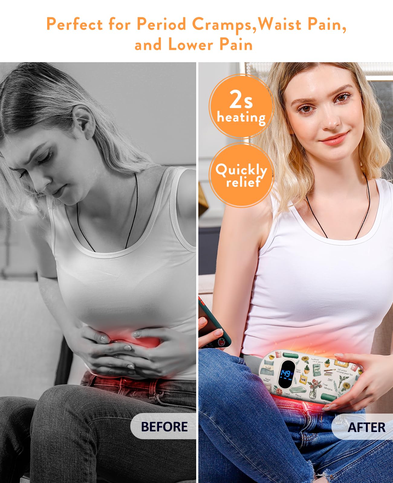 Portable Heating Pad for Period Cramps: Cordless Menstrual Heating Pad with 6 Heat Levels and 6 Massage Modes, 3s Fast Heating Gift for Women and Girl(Pink)