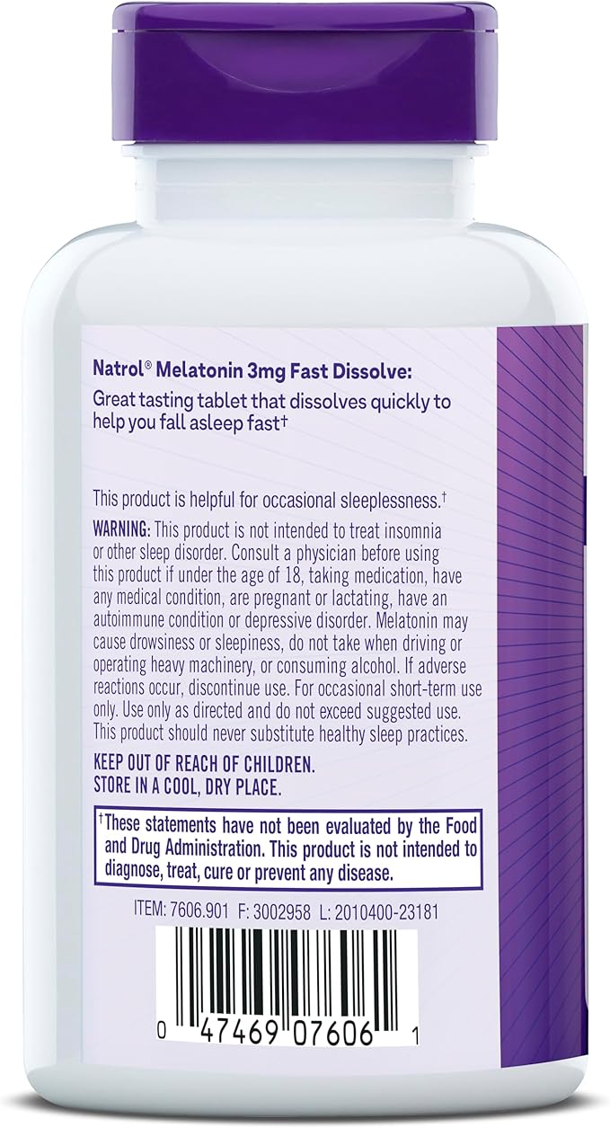 Natrol Fast Dissolve Melatonin 3 mg, Supplements for Restful Sleep, Sleep Support for Adults, 200 Strawberry-Flavored Melatonin Tablets, Up to a 200 Day Supply