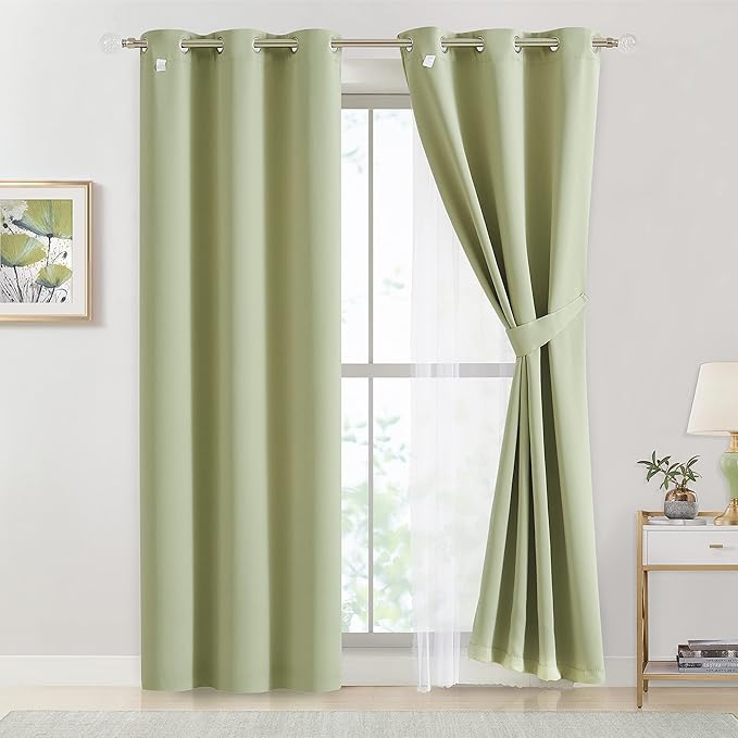 Bujasso Sage Green Blackout Curtains with Sheer Overlay Mix and Match Double Layer 90% Room Darkening Window Panels 95 inch Living Room Bedroom Green Drapes with Tiebacks Grommet Top 37" Wx95 Lx2