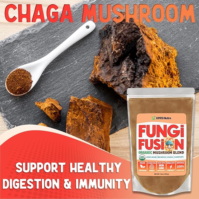 XPRS Nutra Fungi Fusion Organic Mushroom Powder Blend, Premium Blend of Lion's Mane, Reishi, Chaga, Cordyceps for Mental Clarity, Cognition, Energy and Immunity - 16 Ounce