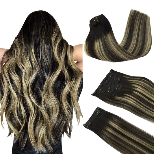 Doores Hair Extensions Real Human Hair, Balayage Natural Black To Light Blonde 20 Inch 150G 9Pcs, Clip In Extensions Human Hair