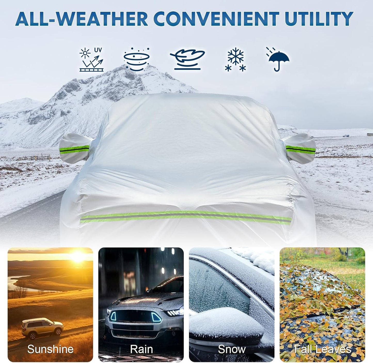 KEYOOG 6-Layer Full Car Cover is All-Weather Waterproof, Universal in All Seasons, Snow Prevention, Rainproof, Acid Rainproof, Sunscreen, Ultraviolet-Proof, Fit SUV 205"-216" Green Reflective Strip