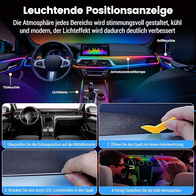 HMYC Dream color Acrylic Interior Car Lights, 2 Pieces 110cm/43.3inch 128 Colorful Car LED Strip Light RGB Fiber Optic Rainbow Ambient Lighting bar, Universal Decoration Dynamic Atmosphere Neon Lights